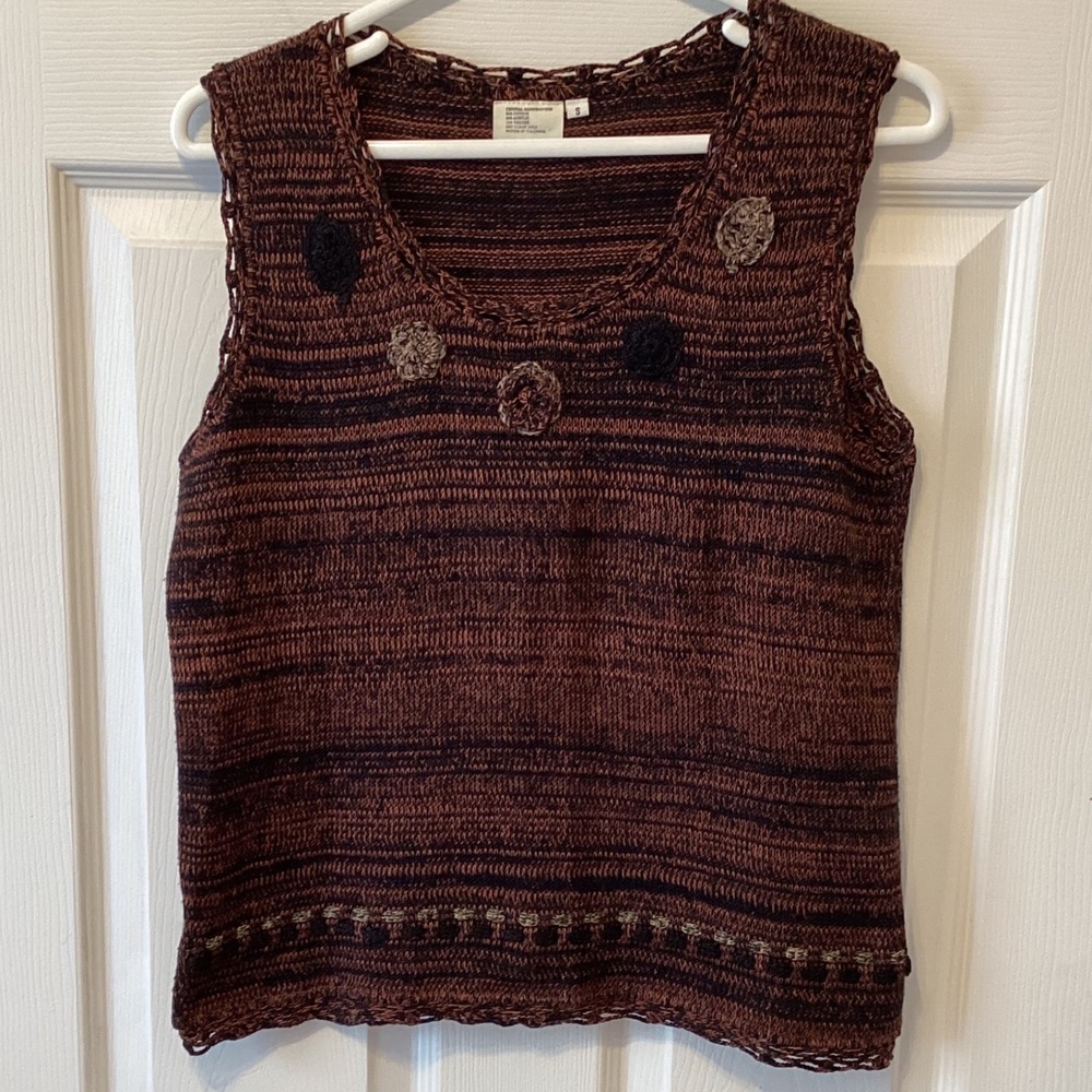 Crystal Handwovens Brown Space Dye Crochet Floral Knit Sweater Vest Small